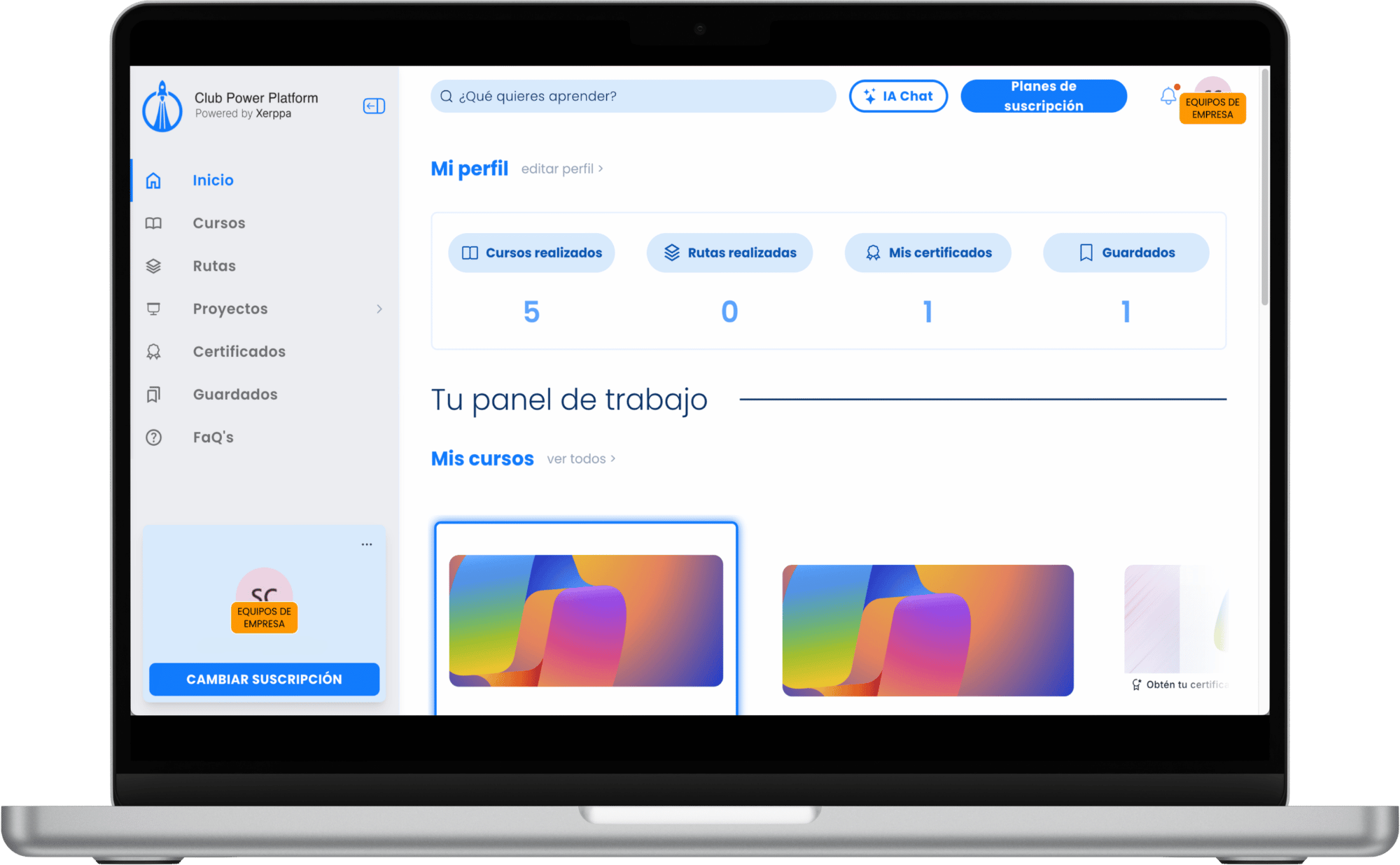 Panel del Club Power Platform powered by Xerppa: perfil, cursos y rutas