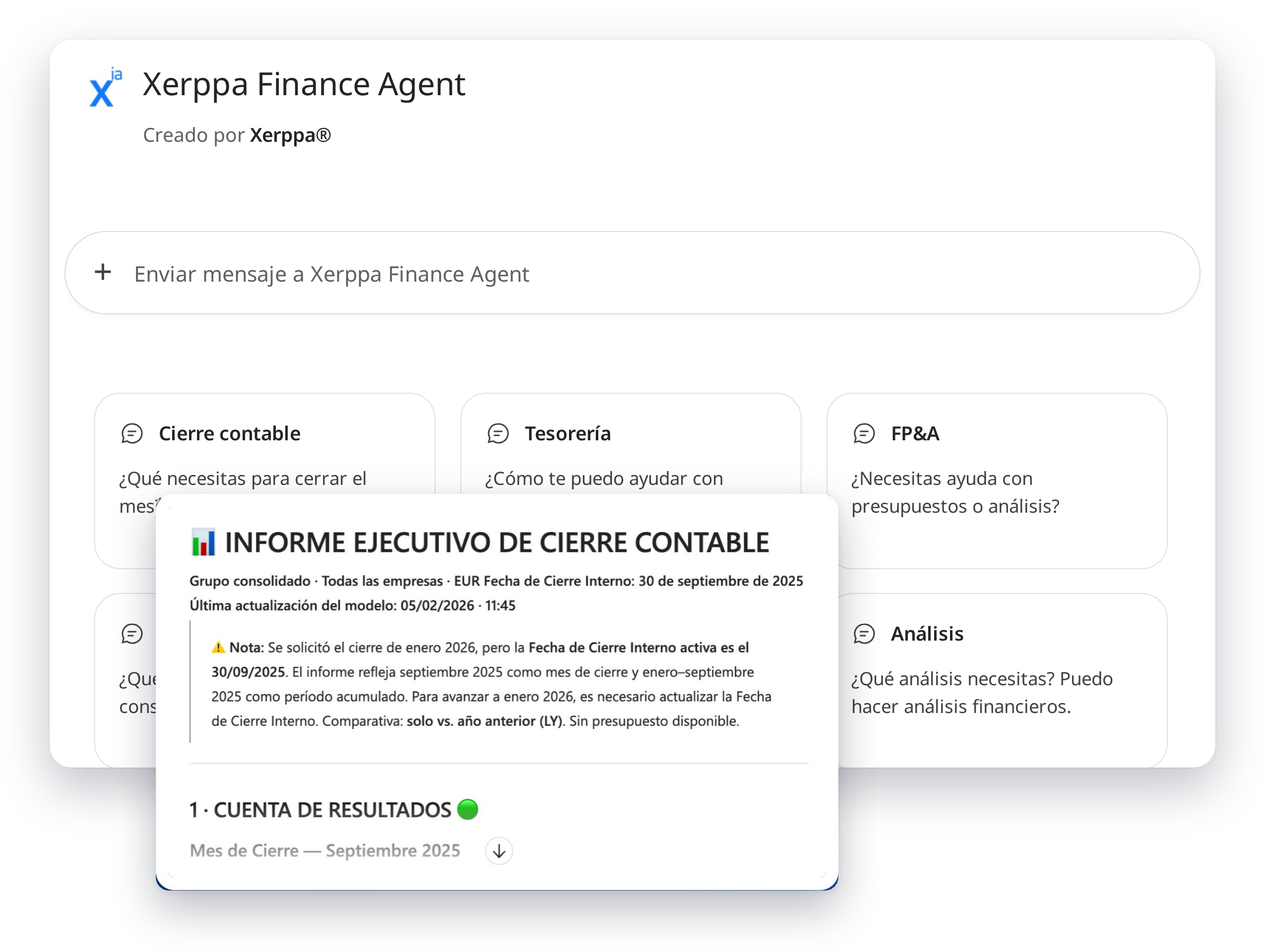 Xerppa Finance Agent generando un informe ejecutivo de cierre contable a partir de los datos financieros