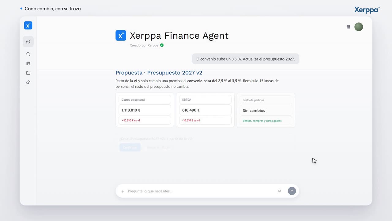Presupuestación y forecast 6 Xerppa Finance Agent proponiendo la versión 2 del presupuesto 2027 tras subir el convenio un 3,5 %