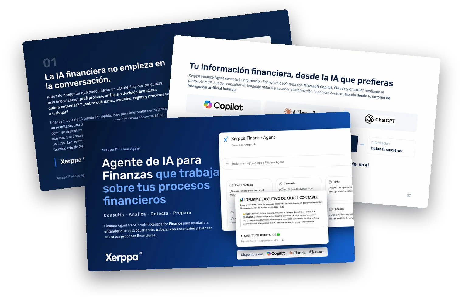 Mockup del dossier de Xerppa Finance Agent, agente de IA para finanzas que trabaja sobre los procesos financieros desde Copilot, Claude o ChatGPT