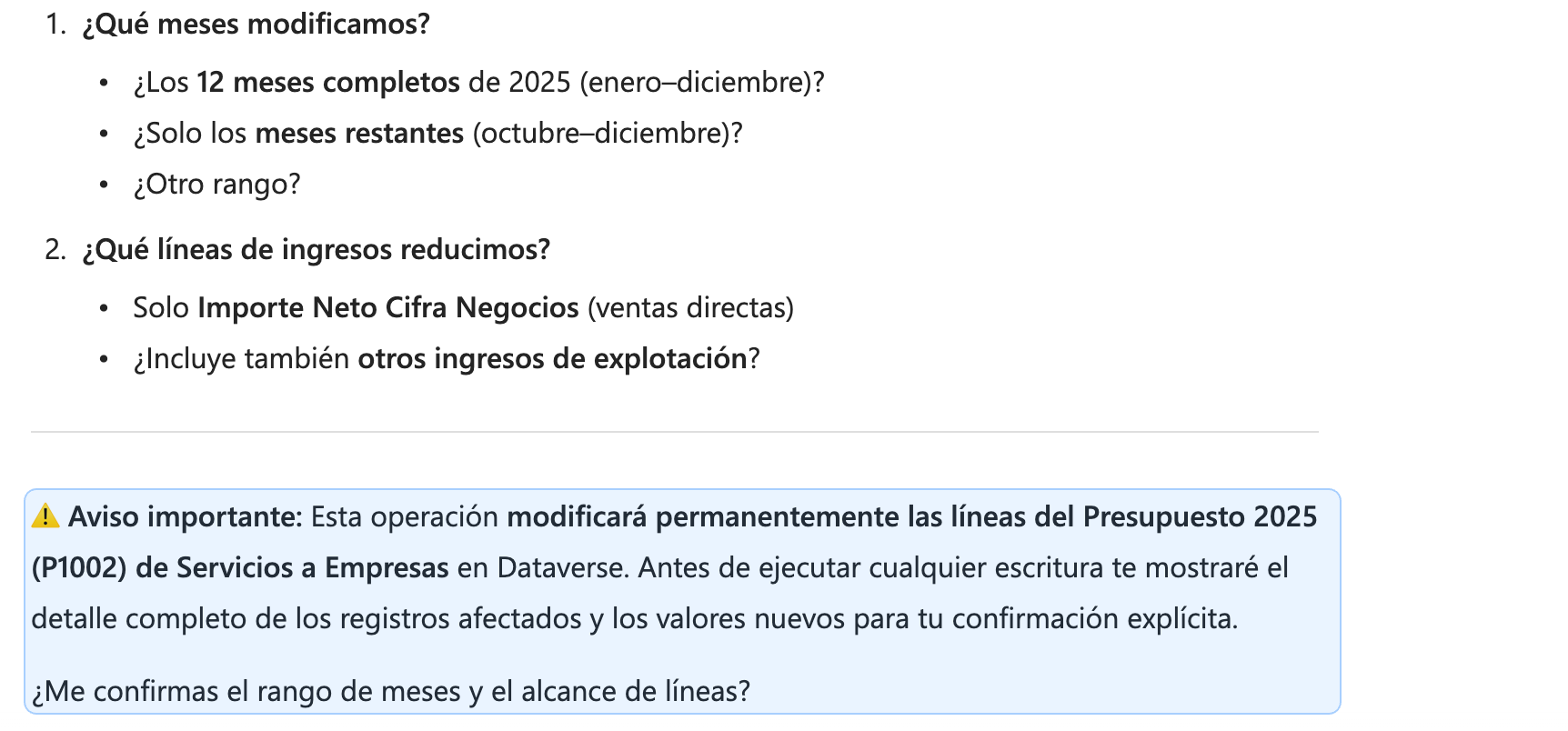 Agente de IA para Finanzas | Xerppa Finance Agent 4 Aviso de Xerppa Finance Agent antes de modificar líneas de presupuesto en Dataverse
