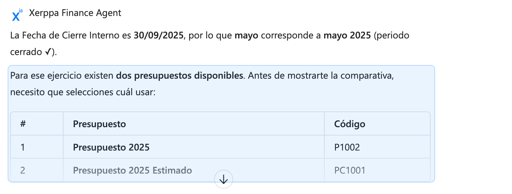 Agente de IA para Finanzas | Xerppa Finance Agent 2 Xerppa Finance Agent pide seleccionar qué presupuesto usar antes de comparar