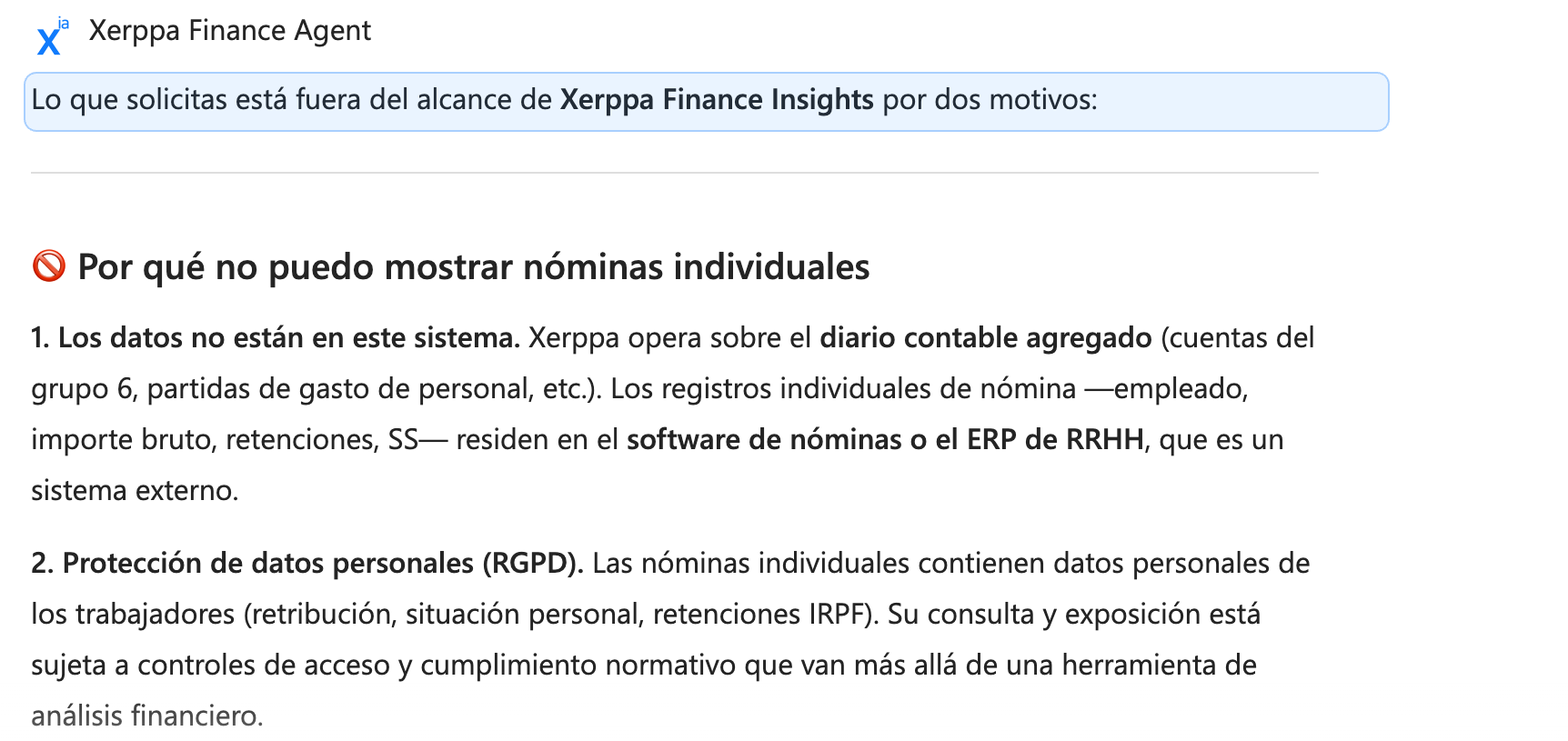 Agente de IA para Finanzas | Xerppa Finance Agent 5 Xerppa Finance Agent explica que las nóminas individuales están fuera de su alcance